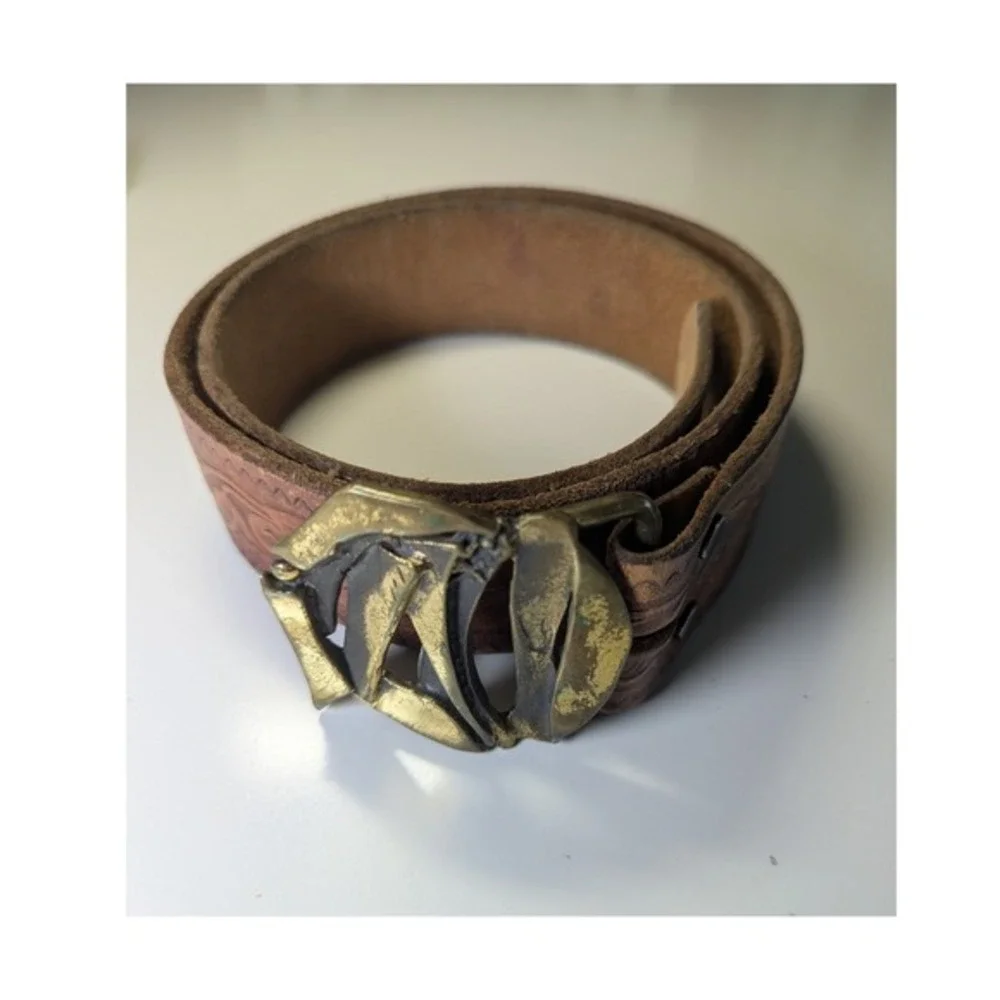Tooled Leather Belt LMC‎ Vintage Bronze Tone Buckle Brown Floral 38 Inch Unisex